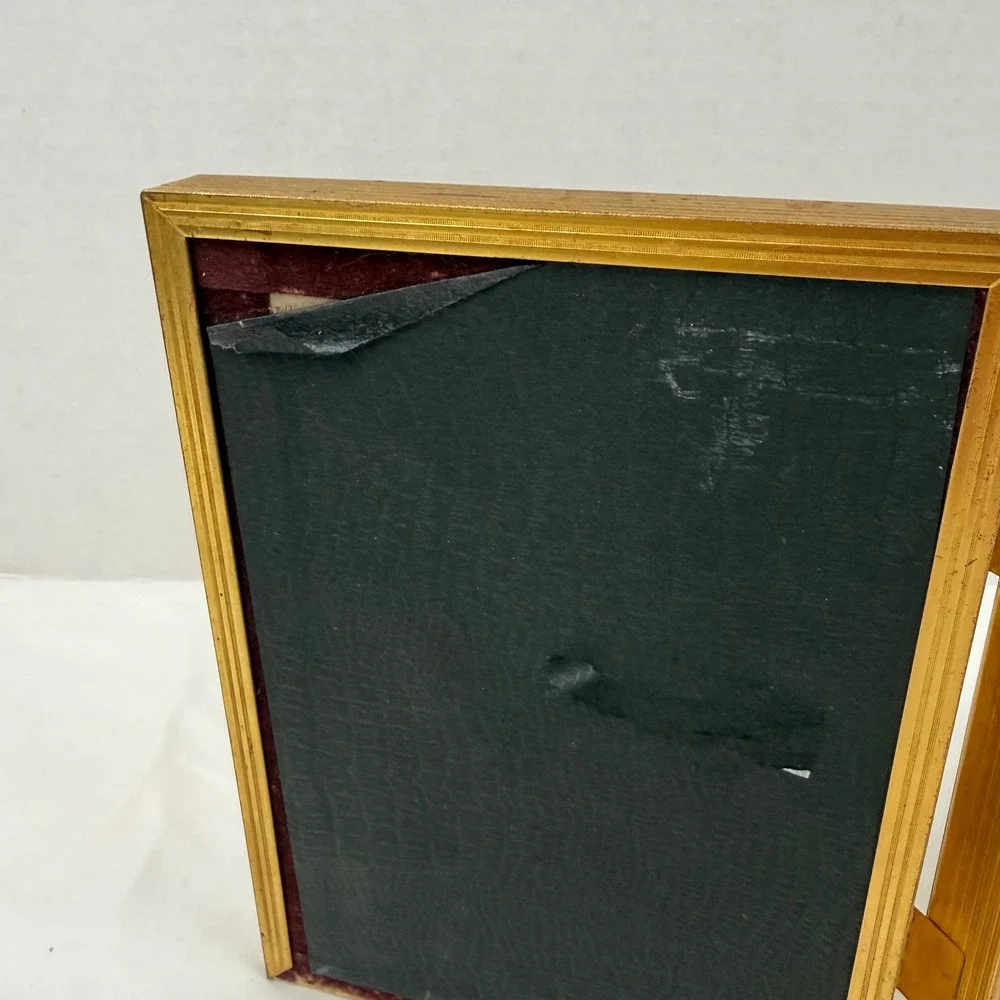 Vintage Gold Tone Metal Double Folding Picture Frame Ornate Bifold 5x7 Portrait